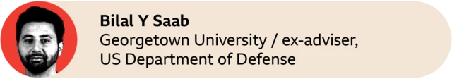 A red circle with a picture of Bilal Y Saad, Georgetown University / ex-adviser, US Department of Defense
