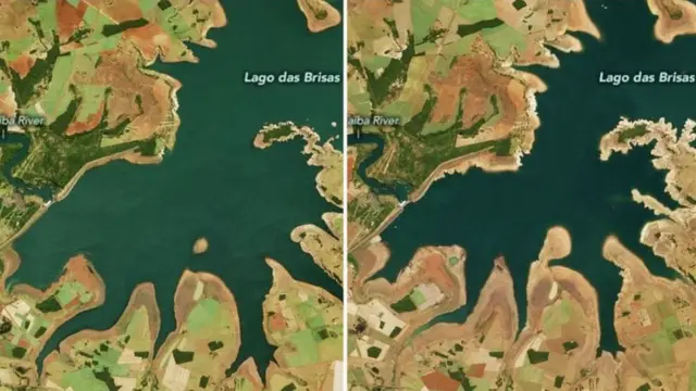 Imagens de satélite mostram a seca no Lago das Brisas