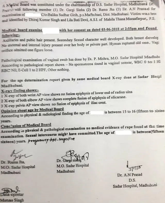 मुजफ्फरपुर बालिका गृह, बिहार, मेडिकल रिपोर्ट