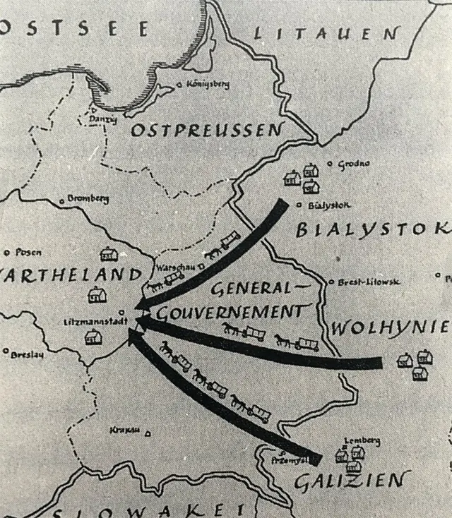 Маршрути переселень, січень 1940р. З книги Ніколауса Арндта - "Німці на Волині"