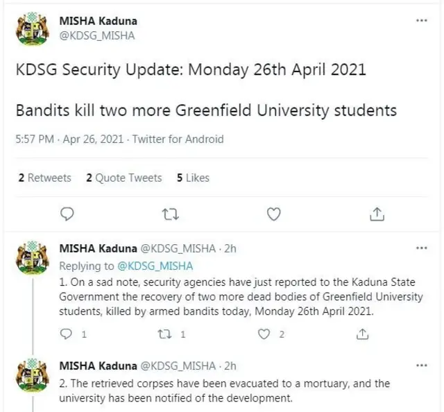 "Greenfield University students killed": [Kaduna state]