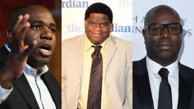 Gary Younge (dhexda) ayaa sheegay in lagu qalday siyaasiga David Lammy (bidix) iyo heesaaga Steve McQueen (midig)