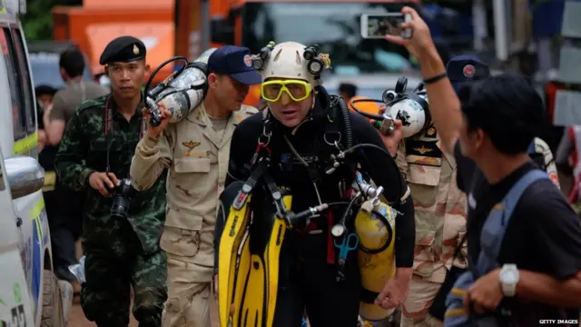 British cave-diver John Volanthen walks out from Tham Luang Nang Non cave in full kit, 28 June