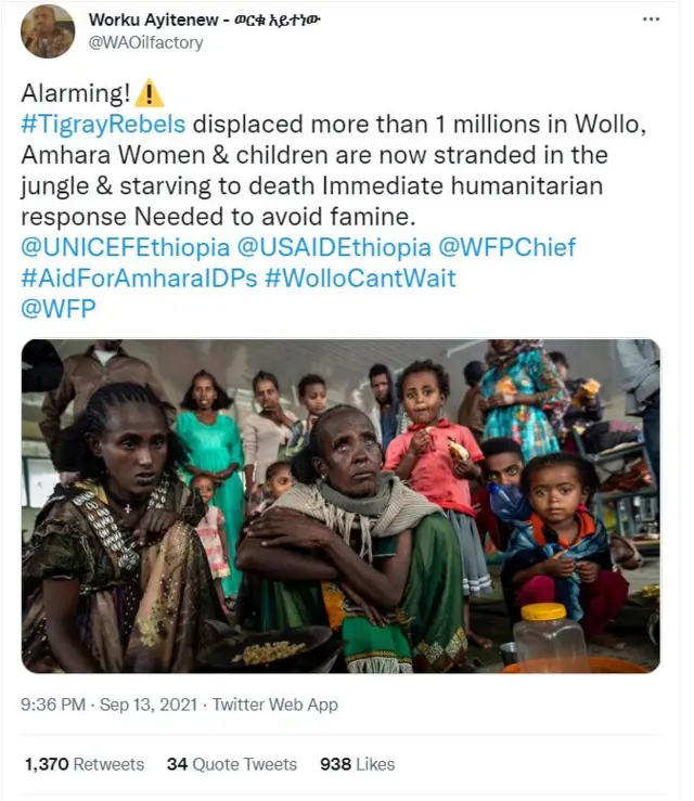 لقطة من تغريدة مع صورة لنساء وأطفال من تيغراي