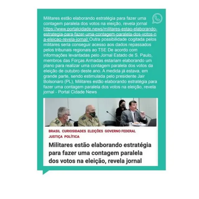 Mensagem com desinformação compartilhada no WhatsApp