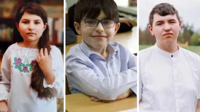 ロシア軍のウクライナ・ジトーミル州への攻撃で死亡した（左から）きょうだいのタマラちゃん、スタニスラウ君、ロマン君