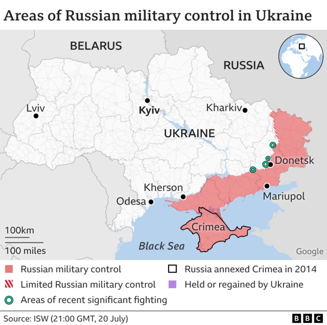 Map showing the whole of Ukraine and the areas of significant recent fighting
