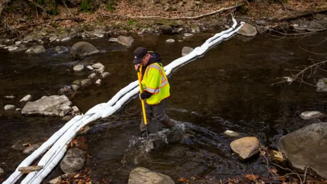 Oficiales buscan rastros de peces en el agua.
