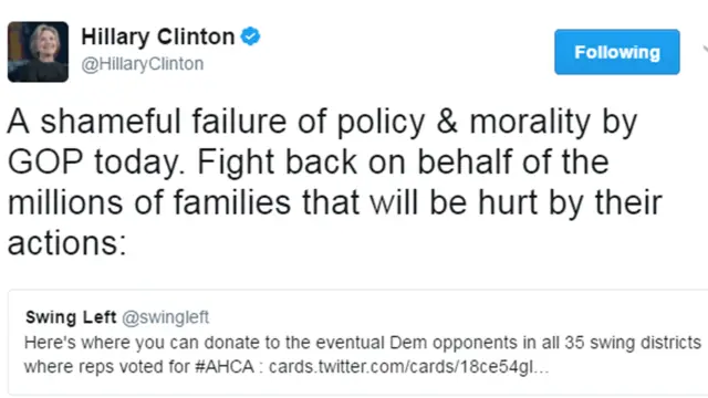 Cuitan Hillary Clinton: "Kebijakan dan moralitas yang memalukan dari politikus Partai Republik hari ini. Lawanlah demi jutaan keluarga yang akan menderita oleh tindakan mereka."