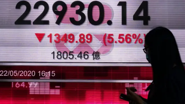 Mujer con mascarilla frente a una pantalla de mercados.