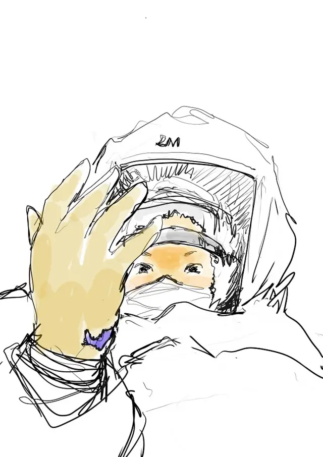 오영준 간호사 그림. "장갑을 두 겹이나 끼고 일하니까 잘못하다 보면 겉장갑이 찢어지는 일도 많아요. 처음엔 가슴이 철렁거려서 바로 플라스터로 찢어진 부위를 칭칭 감아 응급처치했는데 이 고난의 행군이 길어지다 보니... 응 그래, 찢어졌네"라고 설명을 썼다