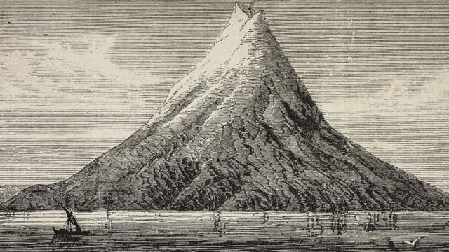 Ilustração do Krakatau antes da erupção de 1883