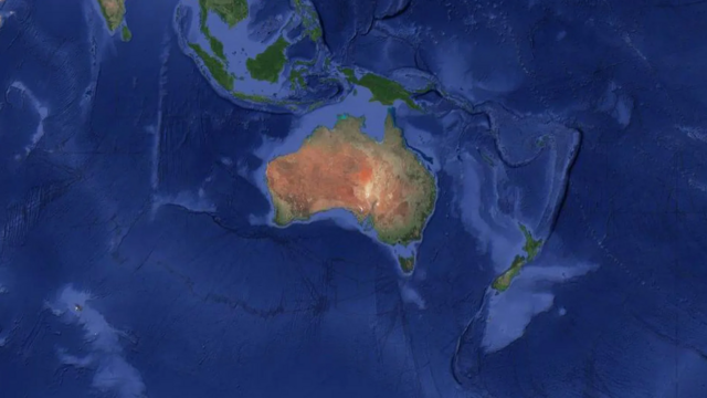 Les données satellitaires peuvent être utilisées pour visualiser le continent de la Zélande, qui apparaît comme un triangle inversé bleu pâle à l'est de l'Australie