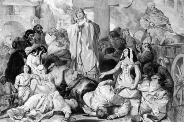 People praying for relief from the bubonic plague, circa 1350.