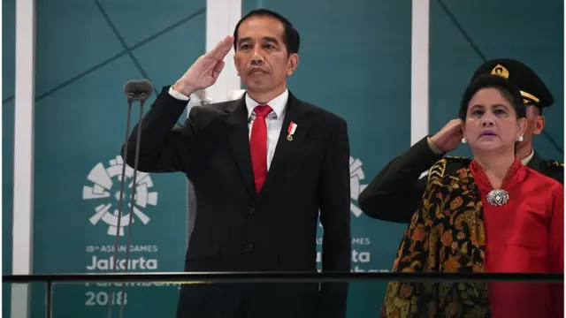Indonesian President Joko Widodo salutes next his wife Iriana Widodo during the opening ceremony of the 2018 Asian Games
