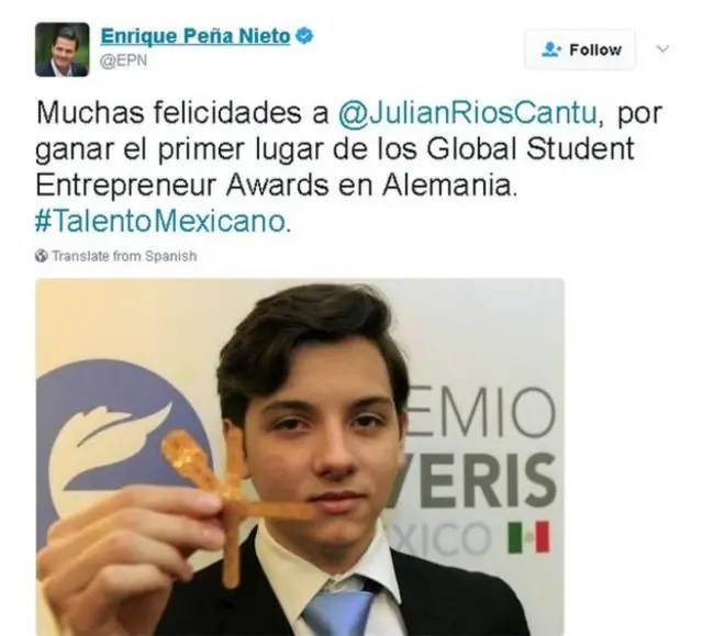Rais wa Mexico alimpongeza Julian kwa kushinda tuzo la wanafunzi wafanyibiashara