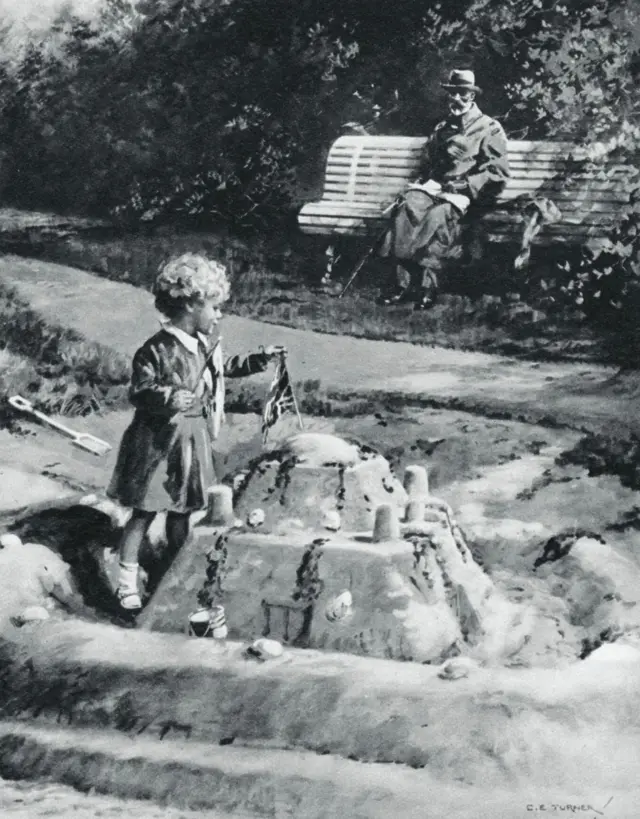 Lilibet builds a sandcastle, watched over her grandfather, sat on a bench in Bognor in 1929