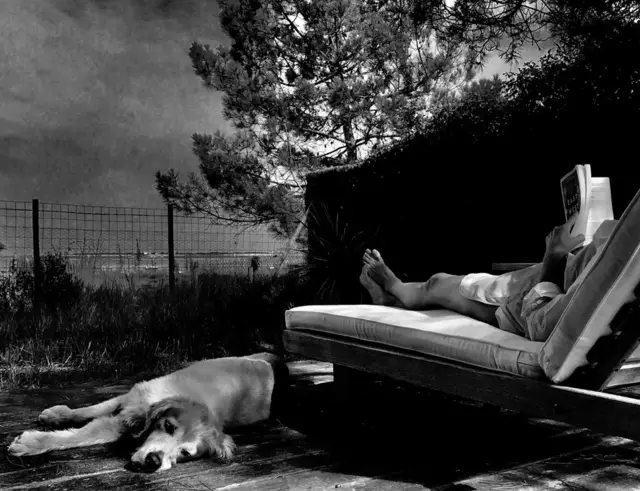 Una mujer y su perro descansan fente al mar.