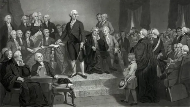 Ilustração do primeiro presidente americano, George Washington, durante sua cerimônia de posse