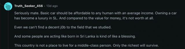 Reddit සමාජ මාධ්‍යයේ වාහන මිල සම්බන්ධයෙන් පලව තිබු පෝස්ටුවකට අදහස් පළකර තිබු පරිශීලකයෙක් 