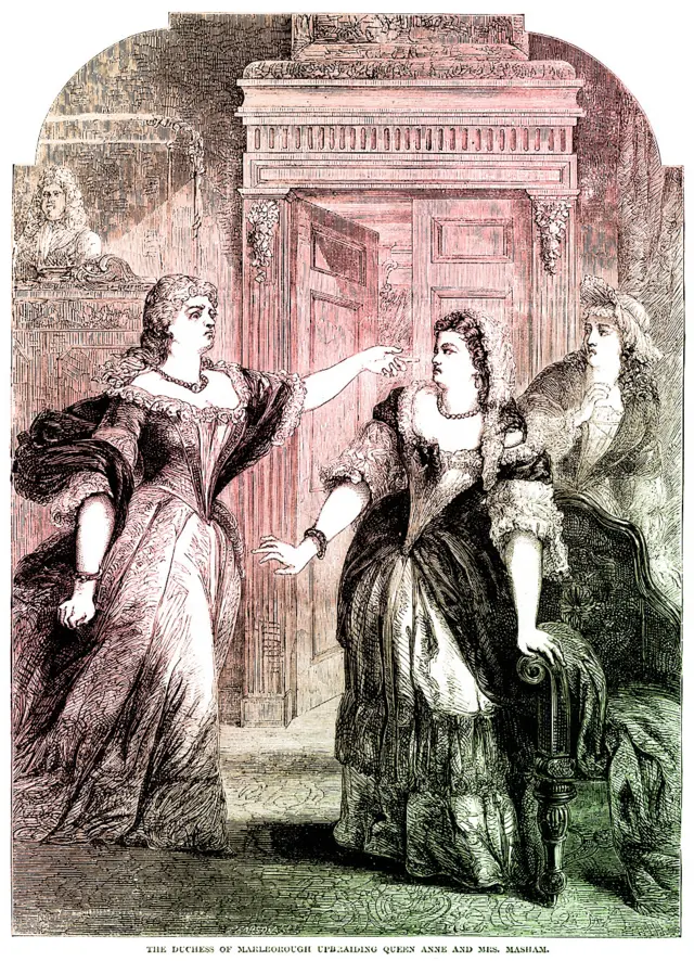 La duquesa de Marlborough reprendiendo a la reina Ana y a Abigail Masham en una ilustración de 1753.