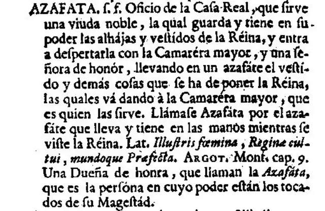 Definición de azafata en el diccionario de 1726 del Nuevo tesoro lexicográfico de la lengua española (NTLLE)