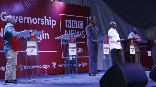 Four candidates na dem show face for di #BBCGovDebate for Port Harcourt to tok wetin dem go do if dem win Govnorship election for Rivers State.