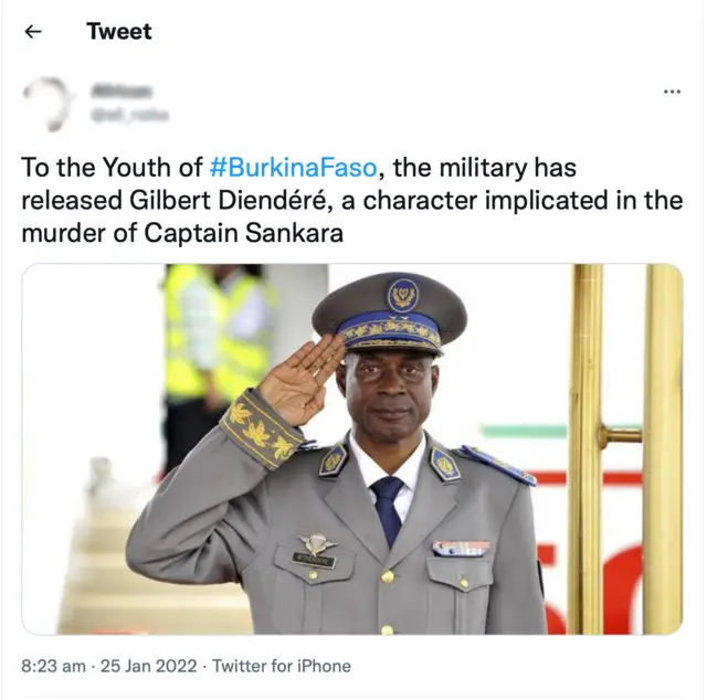 Capture d'écran d'un tweet véhiculant une fausse information sur la libération du Général Diendéré