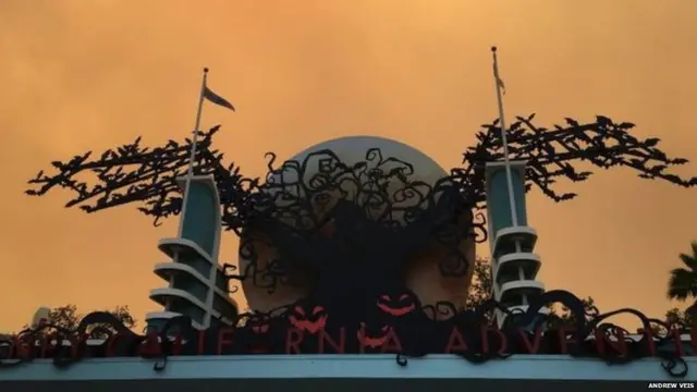 भीषण आगीमुळं कॅलिफोर्नियामधील डिस्नेलॅंडचे आकाश गडद झाले आहेत.