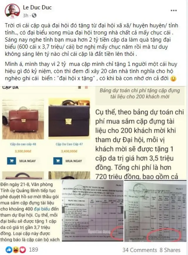 Nhà báo Lê Đức Dục phản ánh việc mua cặp da trị giá hơn 3,5 triệu đồng/chiếc