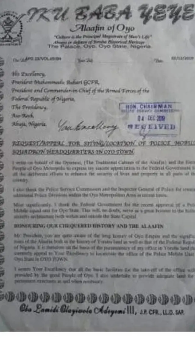 Lẹta ti Alaafin Ọyọ kọ nipa agbekalẹ ọwọ ileeṣẹ ọlọpaa kogberegbe si ilu Ọyọ