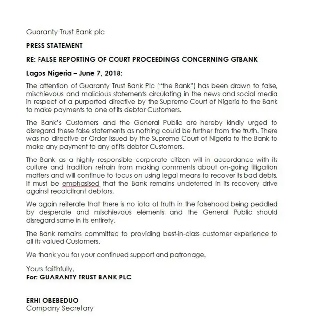 Ozi GTbank wepụtara