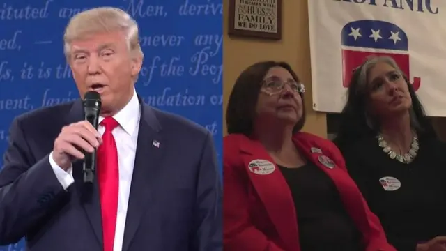 Donald Trump left and Donald Trump fans watch the presidential debate