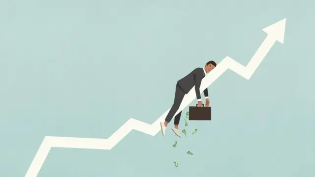 tired man falss asleep on upward movig Graph