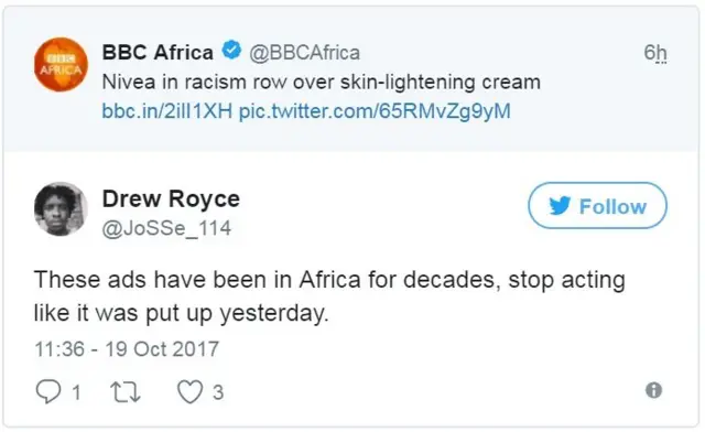 Nivea bleaching cream response for Twitter
