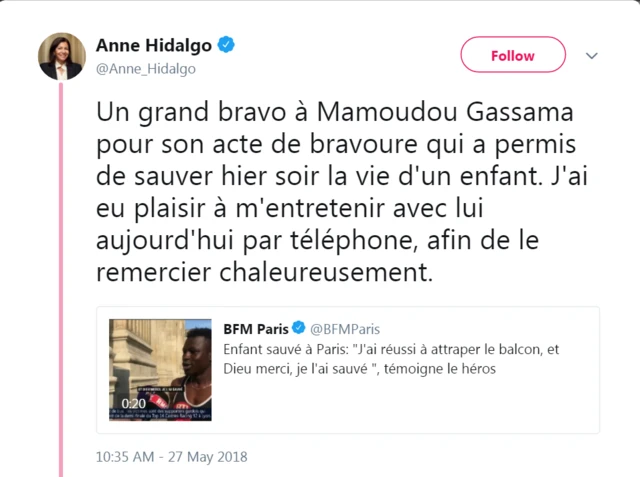 Bà Anne Hidalgo ca ngợi Mamoudou Gassama trên trang Twitter của mình