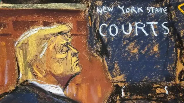 Aworan Trump ti wọn fi ọwọ ya nile-ẹjọ.