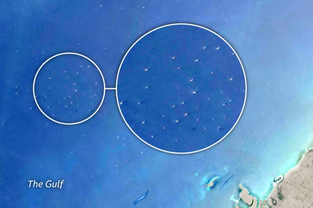 A satellite image showing ships off the coast of Dubai