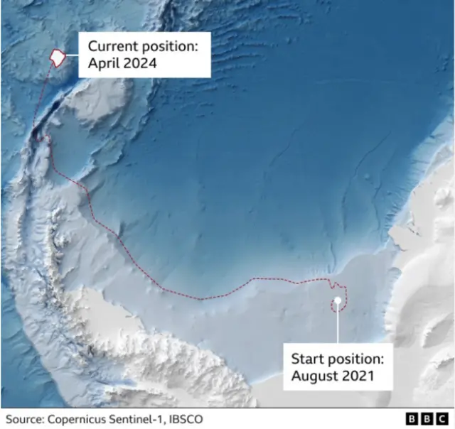 A satellite tracking image of Iceberg A76a.