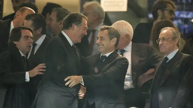 Florentino Perez with former Spanish president Jose Maria Aznar and Nicolas Sarkozy, the ex-president of France