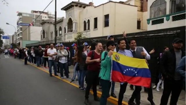 Venezuelans abroad - such as these in the Peruvian capital Lima - have also been voting