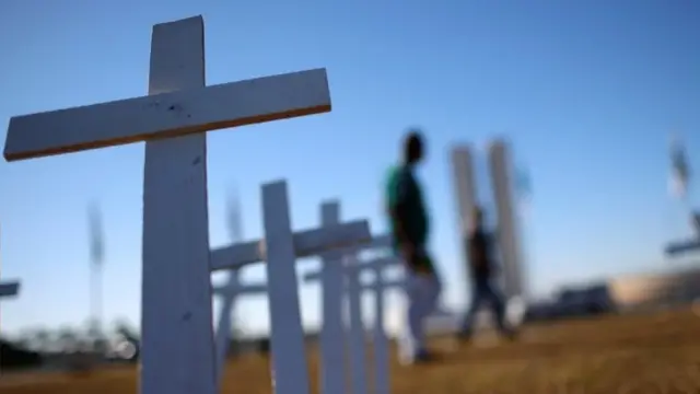 Cruzes em protesto em Brasília contra mortes pelo coronavírus