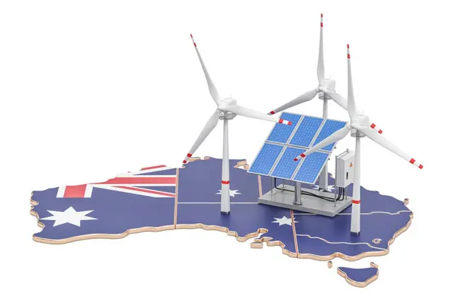Mapa da Austrália com painéis solares e moinhossite arbetyvento