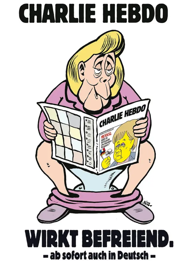 انغيلا ميركل في الإعلان الترويجي للنسخة الألمانية لصحيفة شارلي إيبدو