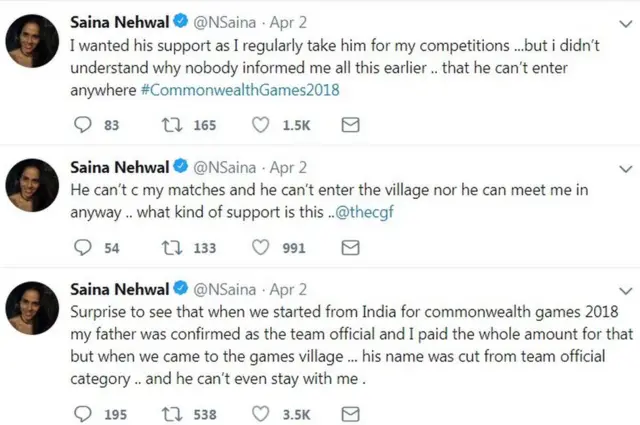 સાઇના નેહવાલના ટ્વીટ