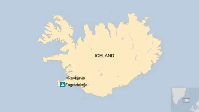 アイスランドの首都レイキャヴィク（Reykjavik)とファグラダルスフィヤル火山（Fagradalsfyall）の位置