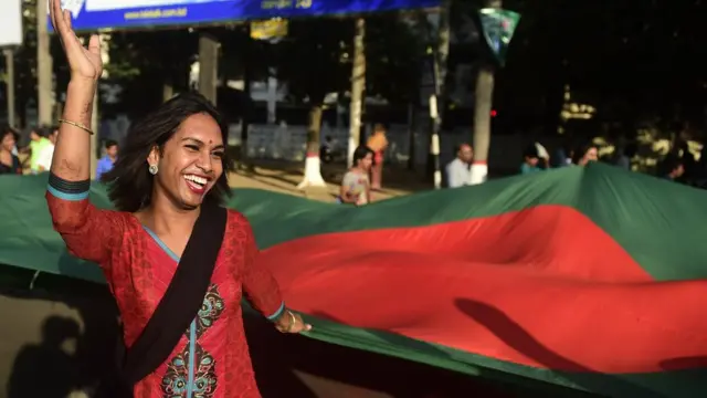 ঢাকায় ২০১৪ সালের ১০ই নভেম্বর 'হিজড়া দিবস' পালনকালে একজন হিজড়া জাতীয় পতাকা নিয়ে মিছিল করছেন।