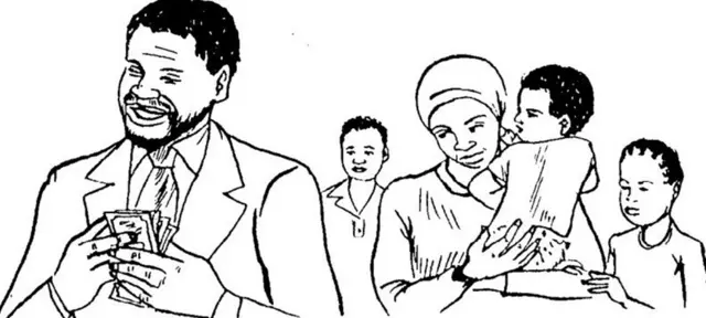 Man counting money, woman holding kids