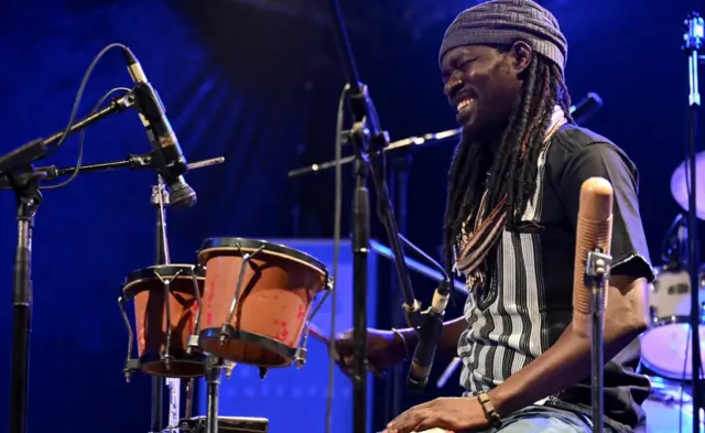 Percussionist Malick Fall performing in Saint Louis, Senegal - Friday 18 June 2021