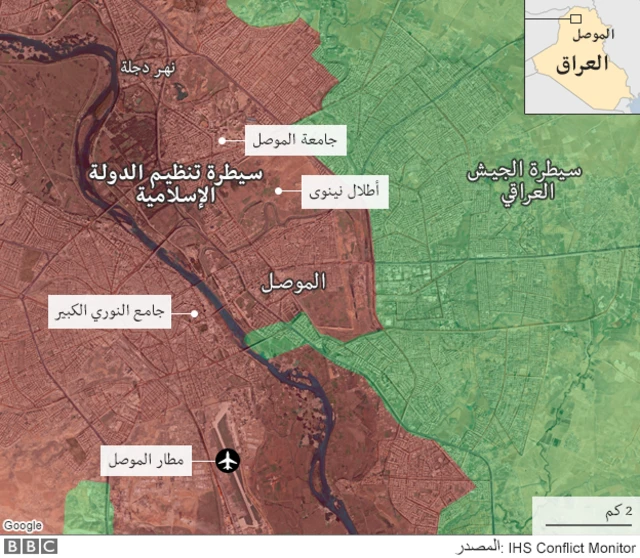 خريطة توضح مناطق سيطرة الجيش العراقي وتنظيم الدولة الإسلامية فى الموصل